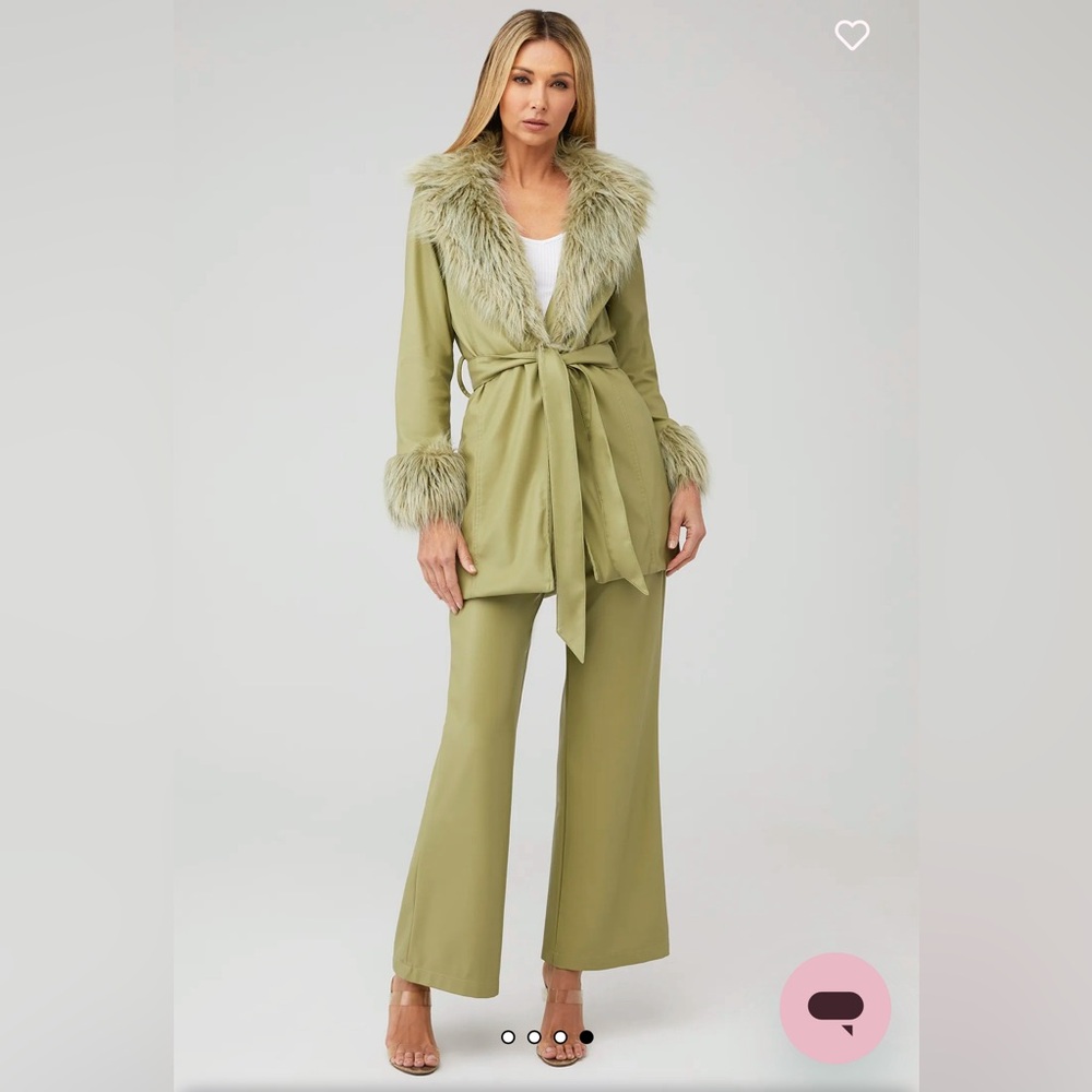 Show Me Your Mumu Penny Lane Faux Leather Coat Fur Trim | Belted Green Jacket